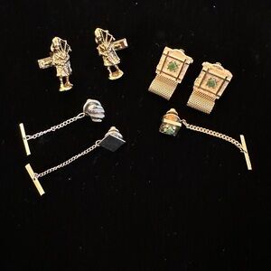 Vintage men’s cufflinks tie tack set gold tone green stones 7pc lot
